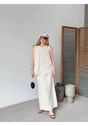 Keten Kolsuz Sıfır Yaka İlik Düğmeli Kolsuz Hırka Etek İkili Takım- Beyaz Beyaz