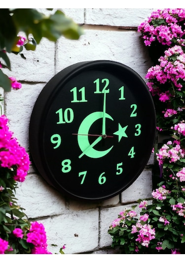 Fosforlu Gece Görünen Ayyıldız Duvar Saati Çap 28 Cm Cam Yok Siyah