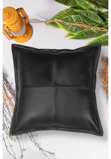 Premium Dekoratif Siyah Deri Kırlent Kılıfı/ev Ve Ofis Için Gerçek Deri 45x45cm Kırlent Kılıfı Siyah
