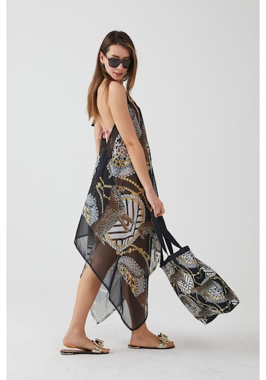 Ays Home Moda Leopar Desen Siyah Plaj Elbisesi Siyah
