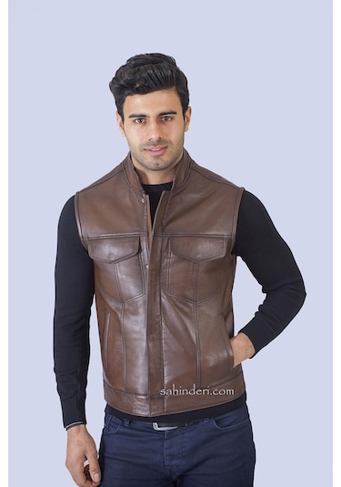 Hakim Yaka Gerçek Deri Yelek Kahverengi