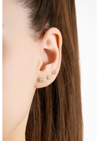 Deniz İkonları 18 Ayar Sarı Altın Kaplama Gümüş Çoklu Küpe Sarı