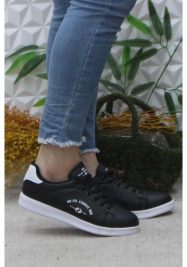 Fort Row Lena Siyah Beyaz Rahat Hafif Sneaker Kadın Spor Ayakkabı 001