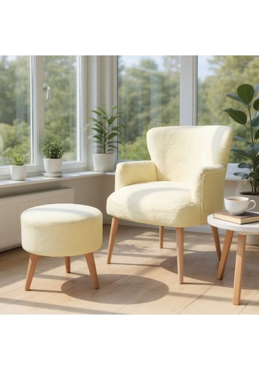 Roma Berjer + Puf Set - Welsoft Yumuşak Kumaş - Ahşap Ayak - Krem Krem