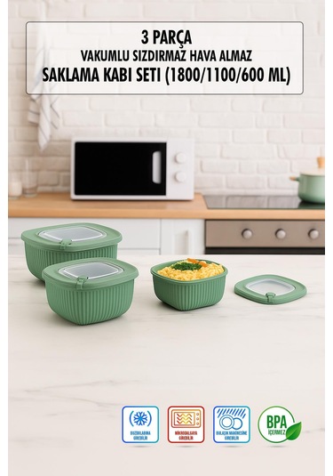 Kare 3 Parça Vakumlu Sızdırmaz Hava Almaz Saklama Kabı Seti Yeşil 1800/1100/600 Ml Yeşil