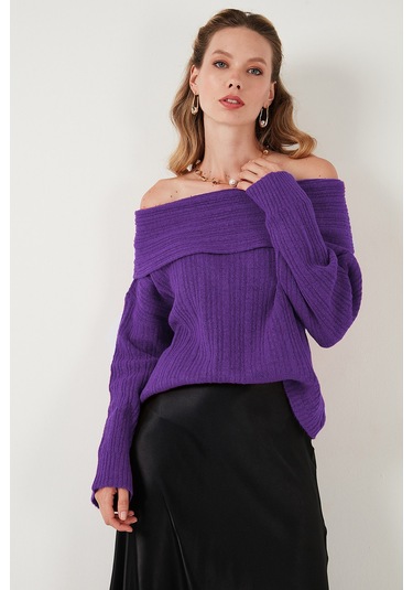 Lela Oversize Fit Madonna Yaka Triko Bayan Kazak 4615216 Mor