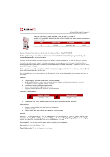 Supravet Kısırlaştırılmış Kediler İçin Multivitamin Malt Macun 100 G