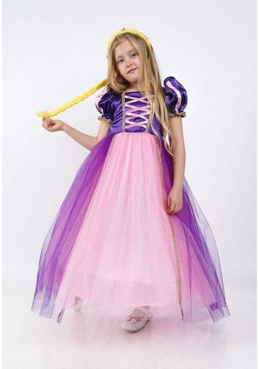 Rapunzel Prenses Kız Çocuk Parti Kostümü Doğum Günü Elbisesi Mor