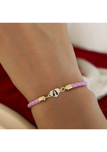 Archin Bariş Manço Temalı 14 Ayar Altın Plakalı Pembe Derili Kalp Figürlü Hediye Bileklik-473sembol Bariş Manço