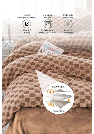 Evlen Home Çift Taraflı Kişilik Kürk Yorgan Uyku Seti Yumuşak Dolgulu Yatak Örtüsü 3 Parça Polo Kahverengi