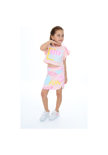 Toontoy Kız Çocuk Baskılı Etekli Takım Pudra