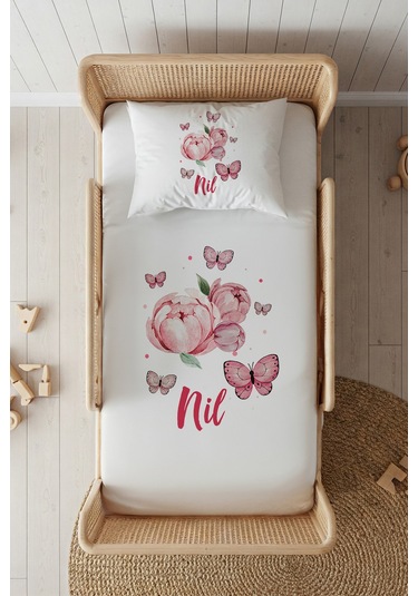 %100 Pamuk Saten İsme Özel İsimli 100x200 Tek Kişilik Lastikli Çarşaf Seti Tomurcuk Beyaz