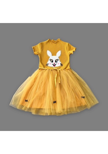 5-6-7 Yaş Payetli Tavşan Baskılı Kız Çocuk Elbisesi Çok Renkli