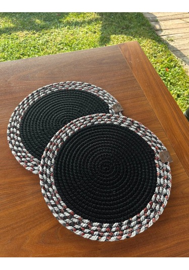 Siyah Desenli Yuvarlak 2 Li Supla Seti Şık Masa Sunumları İçin Kırmızı - Siyah - Gri