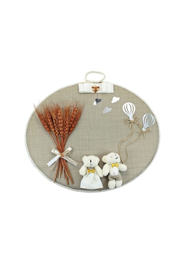 Süslebabypartystore Kuru Çiçek Tanzimli, Jüt Kumaş, Isimli Oval Kapı Süsü Çok Renkli