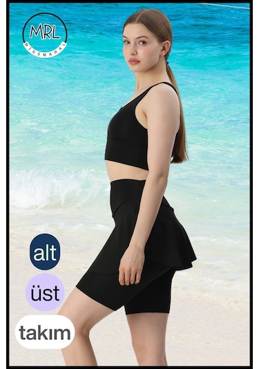 Kadın Siyah Takım Alt - Üst Biker Şort Diz Üstü &crop Bra Ped Destekli Denizde Havuzda Sporda Siyah