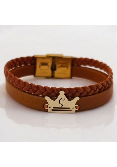 Archin Ç Harfine Özel Kahverengi Derili Taç Motifli 14 Ayar Altın Plakalı Hediye Bileklik-467harf Ç