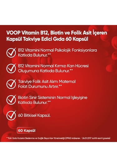 Voop B12 Biotin ve Folik Asit İçeren Takviye Edici Gıda 60 Kapsül