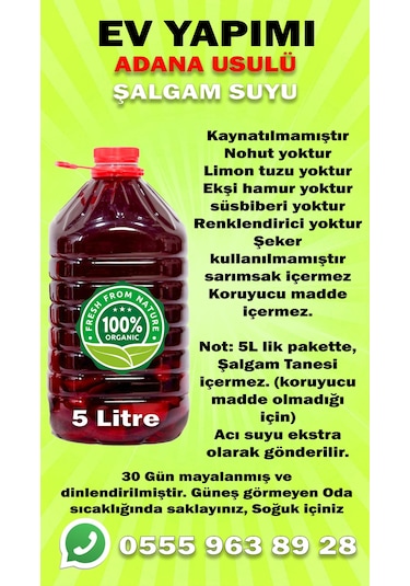 Organik Ev Yapımı Adana Usulü Şalgam Suyu 5 L