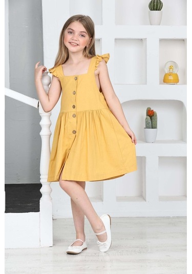 Kız Çocuk %100 Pamuk Keten Elbise 12197 Hardal