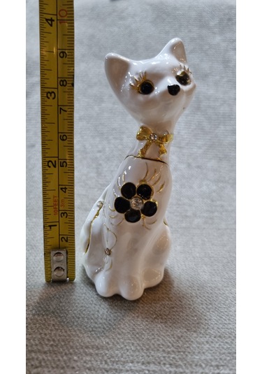 Zirkon Taşlı Emaye Beyaz Kedi Kutu Biblo 001