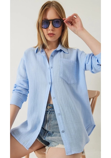 Kadın Oversize Basic Cepli Müslin Gömlek Mavi