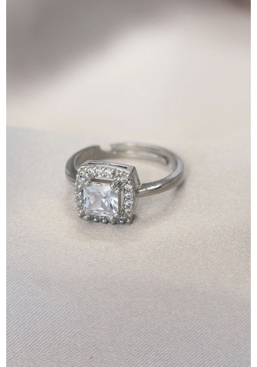 Gümüş Renk Baget Ve Zirkon Taşlı Kare Yüzük Çok Renkli