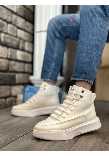 Ba0321 Gizli Bağcıklı Erkek Yüksek Taban Beyaz Spor Bot 001