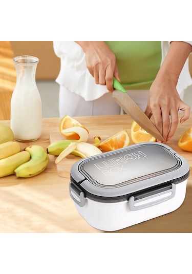 Taşınabilir Yemek Kabı Lunch Box 2 Katlı Diyet Beslenme Kutusu Saklama Kabı Çatal Kaşıklı Sefer Tası Beyaz
