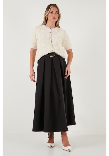 Lela Modest Kemerli Comfort Fit Yüksek Bel Pileli Kloş Uzun Tesettür Bayan Etek 6833360 Koyu Kahve