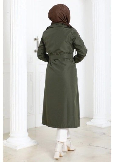 Bondit Kumaş Ribanalı Uzun Boy Trençkot / Haki - M0110 Haki