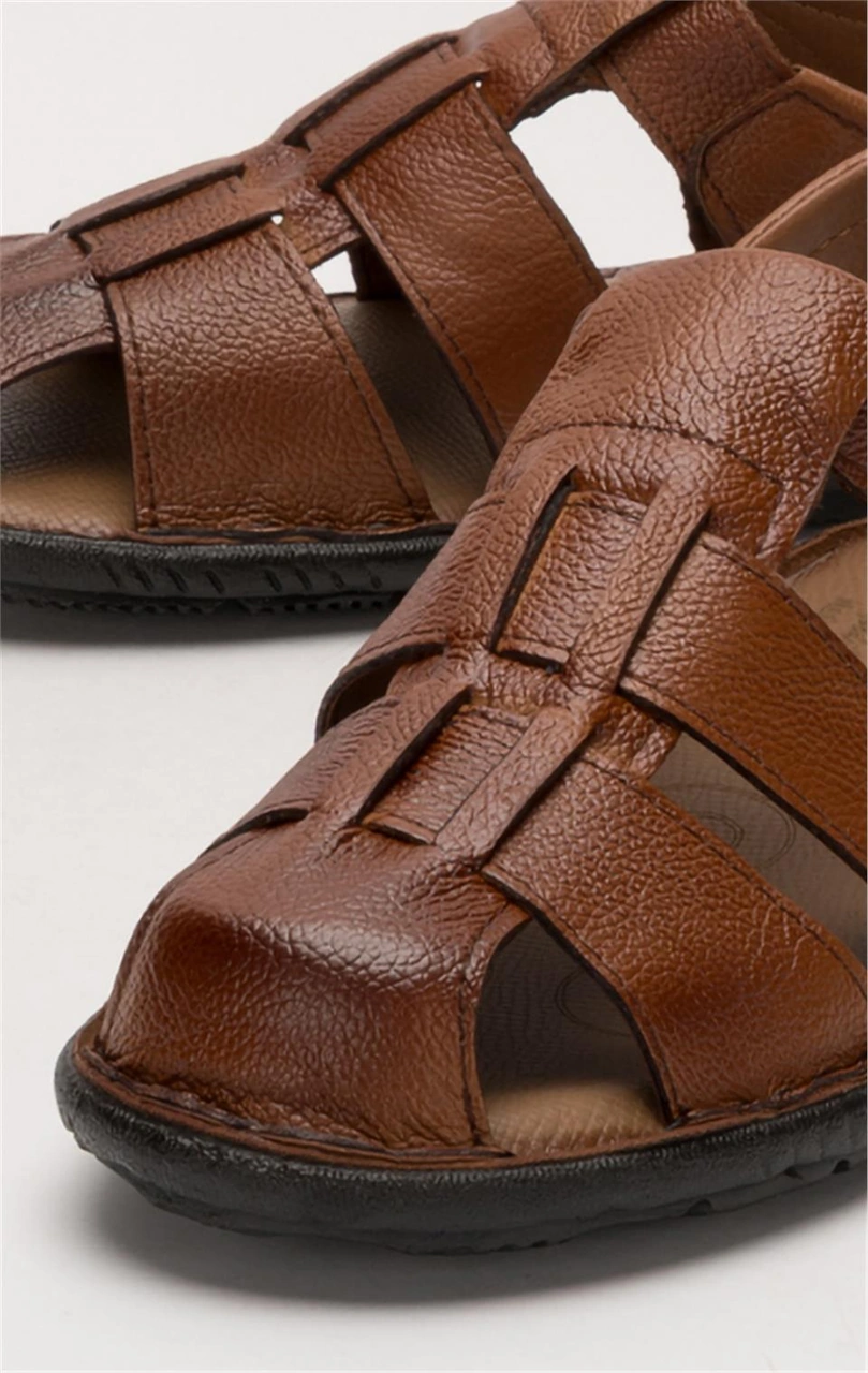 Erkek Hakiki Deri Yazlık Hafif Günlük Ayakkabı Sandalet Taba Taba