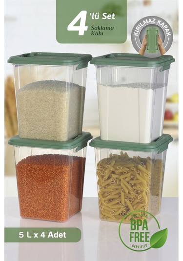 4'lü Organizer Box 5 L Un Bakliyat Erzak Kabı - Kilit Kapaklı Düzenleyici Deterjanlık Saklama Kutusu Yeşil