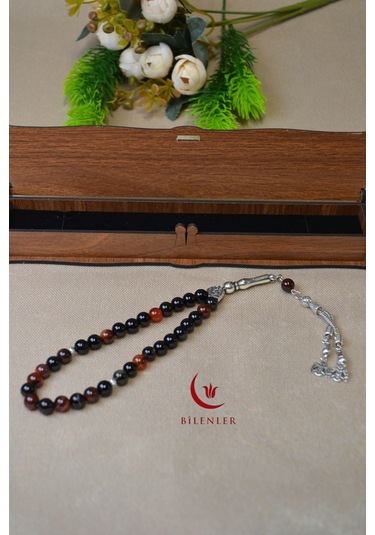 Akik Taşlı 33 Lü Erkek Tesbih Doğal Taş, Özel Ahşap Kutulu Çok Renkli