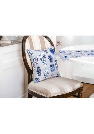 Finezza Vista Baskılı Kumaş Kreme Mavi Kırlent Kılıfı 45x45  İkili - 1429