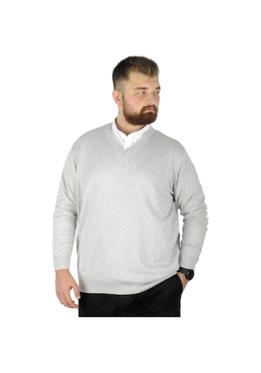 Mode Xl Büyük Beden Kazak V Yaka 22206 Gri 001
