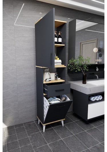 Lula Çok Amaçlı Dolap Banyo Dolabı Kirli Çamaşır Sepeti Dolabı Antrasit Antrasit