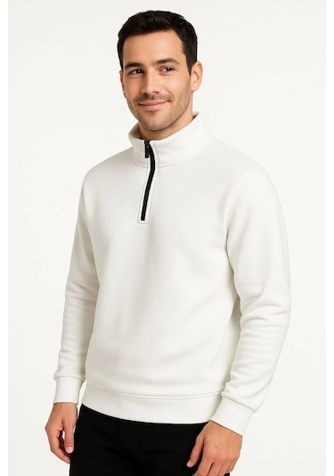 Erkek Dik Yaka Sweatshirt Dik Yaka Yarım Fermuarlı 3 İplik Şardonlu Pamuk Kumaş - Beyaz Beyaz