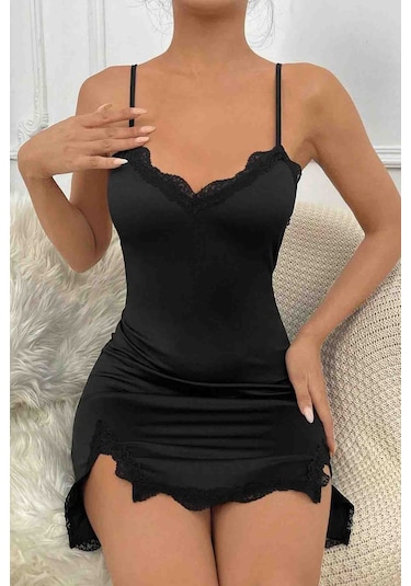 Merry See İki Taraf Yırtmaçlı Askılı Şık Gecelik Siyah