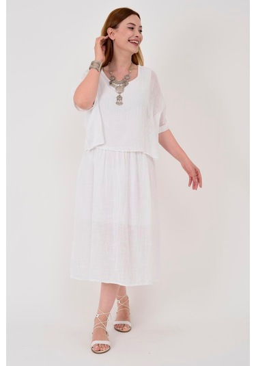 İtalyan Müslin Keteni Üstü File Bluzlu Astarlı Tek Parça Elbise-9256 Beyaz
