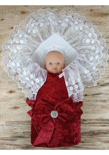 Dantelli Taçlı Bebek Kundağı Unisex Bebek Dış Kundak Battaniyesi Hastane Çıkışı Mevlütlük Kundak Bordo