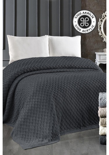 Akrilik Örgü Battaniye Çift Kişilik 220 X 240 Cm Yatak Örtüsü Pike Poly Antrasit