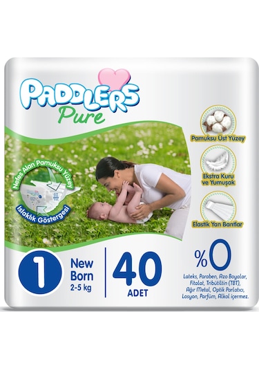 Paddlers Pure Bebek Bezi 1 Numara Yenidoğan 40 Adet (2-5 Kg) Eko Paket