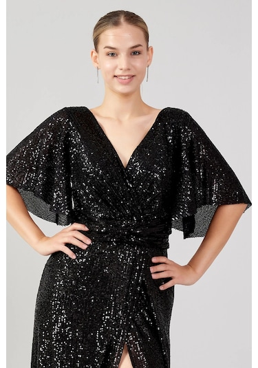 Doridorca Kadın Büyük Beden V Yaka Pul Payet Maxi Abiye Elbise 5041 Siyah Siyah