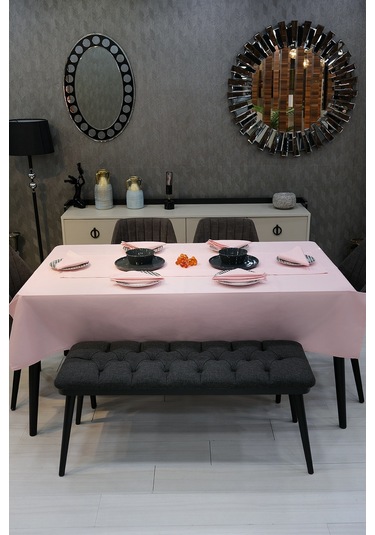 Dream 8 Parça Masa Örtüsü Seti Çeyiz Seti Salon Masa Örtüsü, Runner, 6'lı Peçete Pembe
