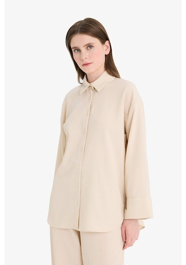 DeFacto Relax Fit 2'li Takım Gofre Dokulu Uzun Kollu Gömlek Pantolon F4094AX25SMBG74