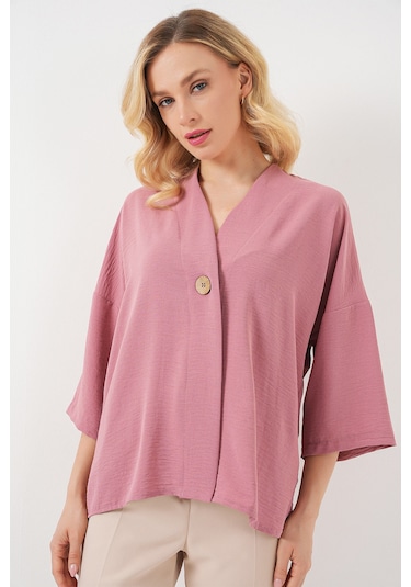Bigdart Kadın Kısa Kol Oversize Kimono 5969 - Gülkurusu