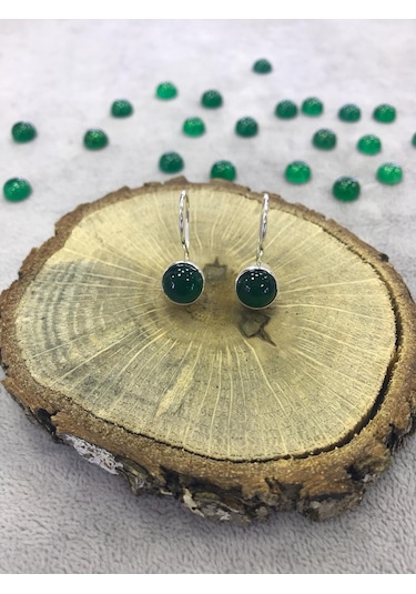 Yeşil Akik Taşlı Gümüş Küpe 925 Ayar Doğal Taş