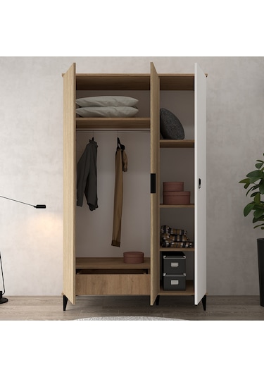 6304 Neva 3 Kapılı 200 Cm Gizli Çekmeceli Gardırop , Elbise Dolabı , Genç Odası Yunus - Beyaz