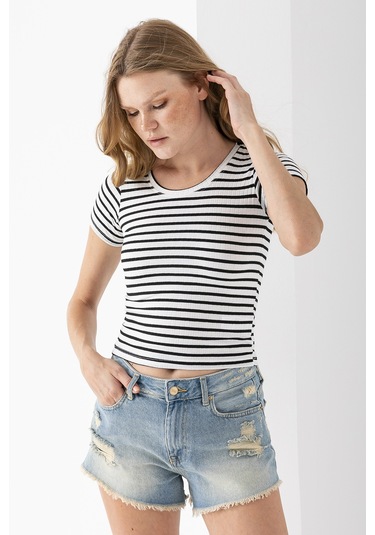 Giysa Kadın Bisiklet Yaka Çizgili Basic Body Siyah - 25509 Siyah